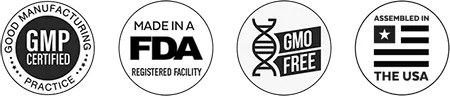 BioRestore Complete certified badges — GMP FDA Natural USA GMO Free